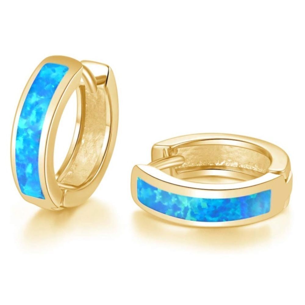 14K Yellow Gold with Genuine Blue Fire Opal Huggie Hoop Snap Hinge Earrings